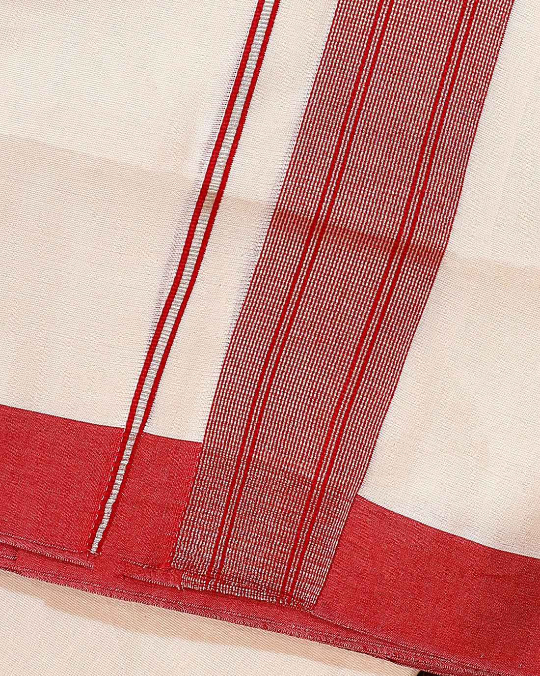 Traditional Handwoven Cotton Dhoti with Red Border and Elegant Finish - Off White