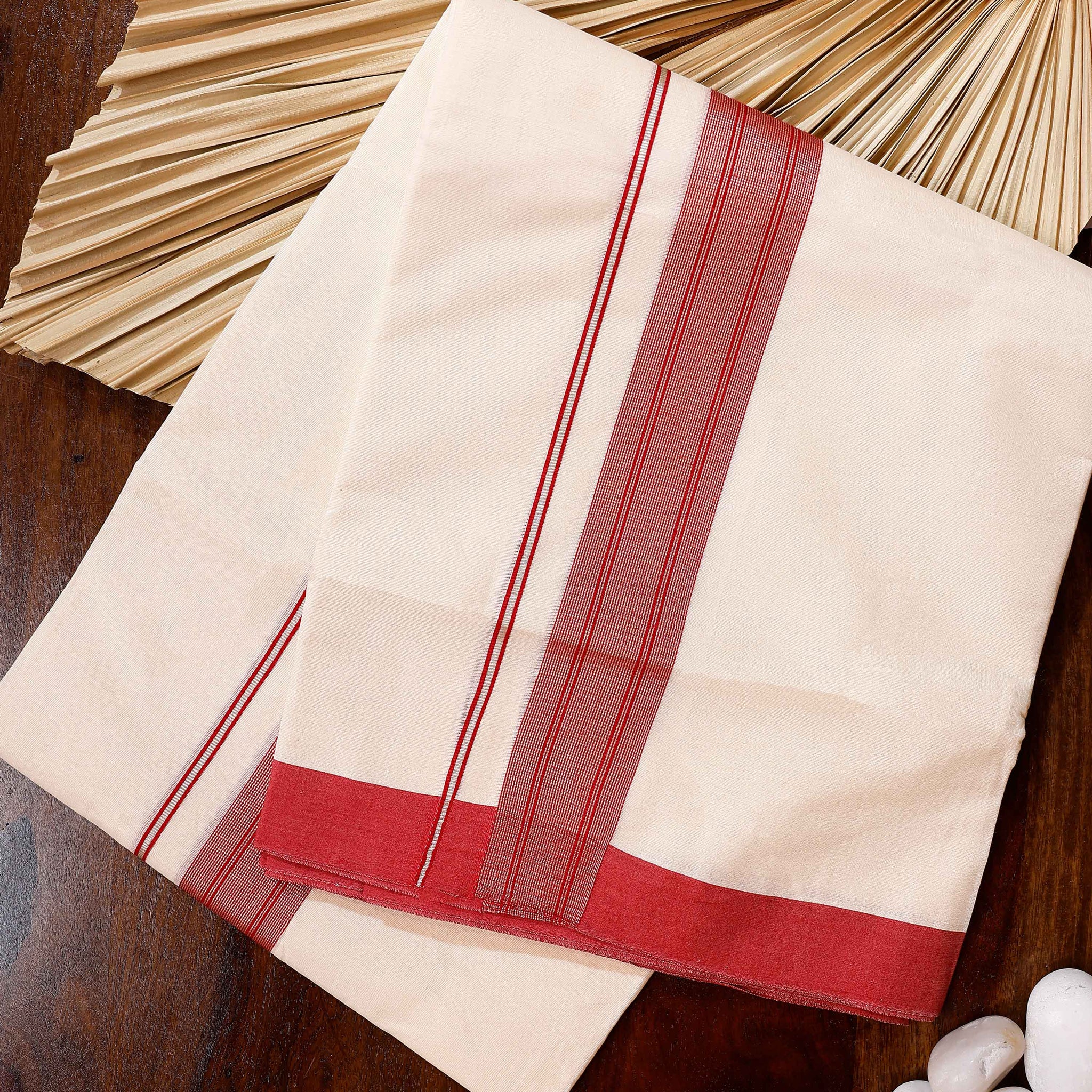 Traditional Handwoven Cotton Dhoti with Red Border and Elegant Finish - Off White