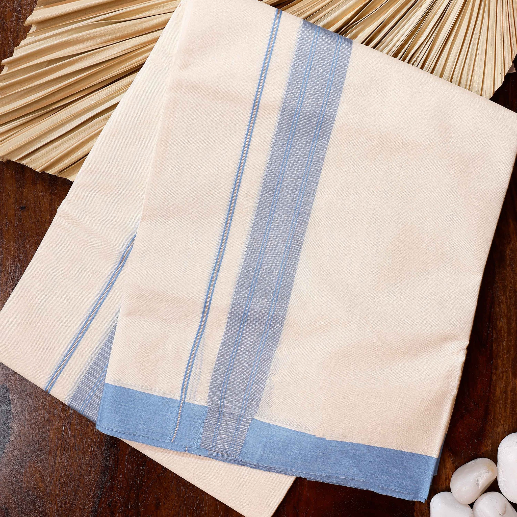 Traditional Handwoven Cotton Dhoti with Blue Border and Elegant Finish - Off White