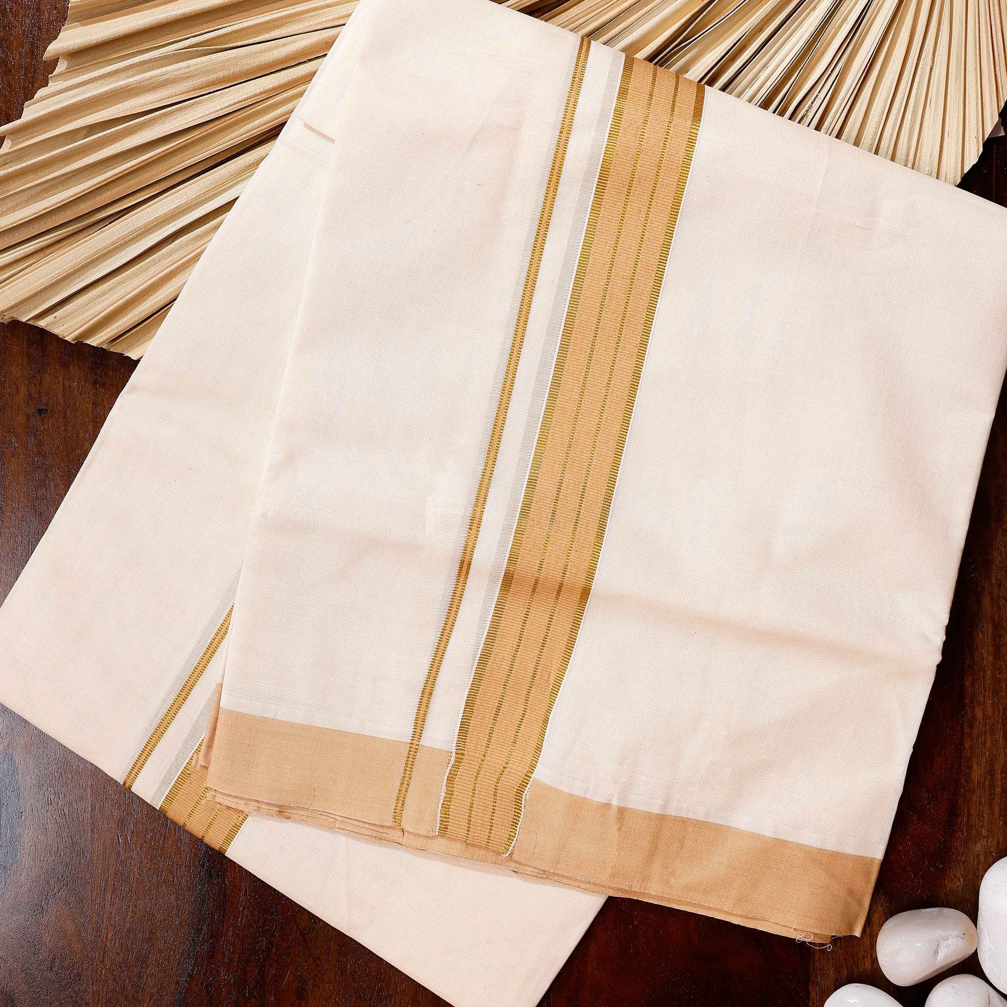 Traditional Handwoven Cotton Dhoti with Light Brown Border and Elegant Finish - Off White