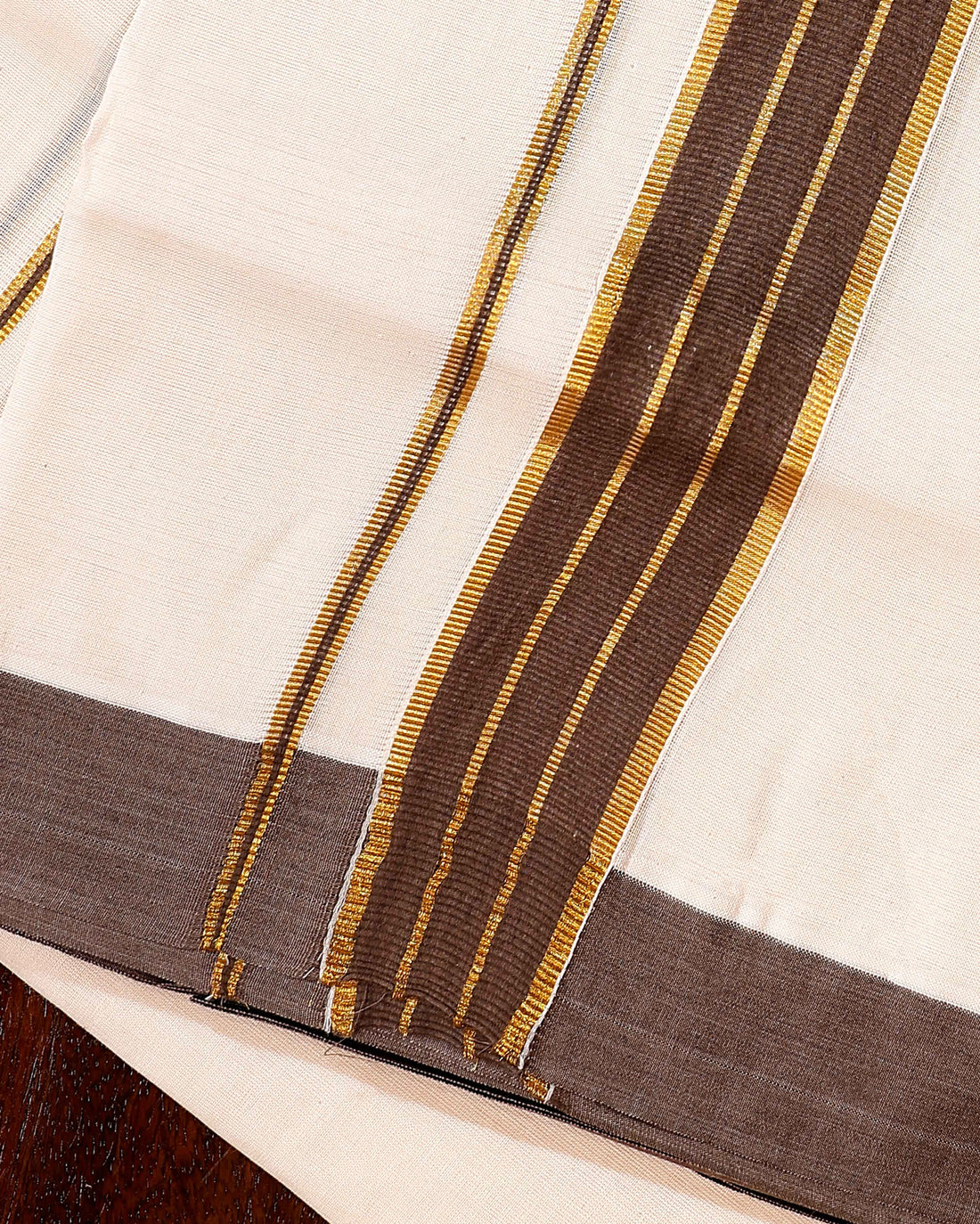Traditional Handwoven Cotton Dhoti with Brown Border and Elegant Finish - Off White