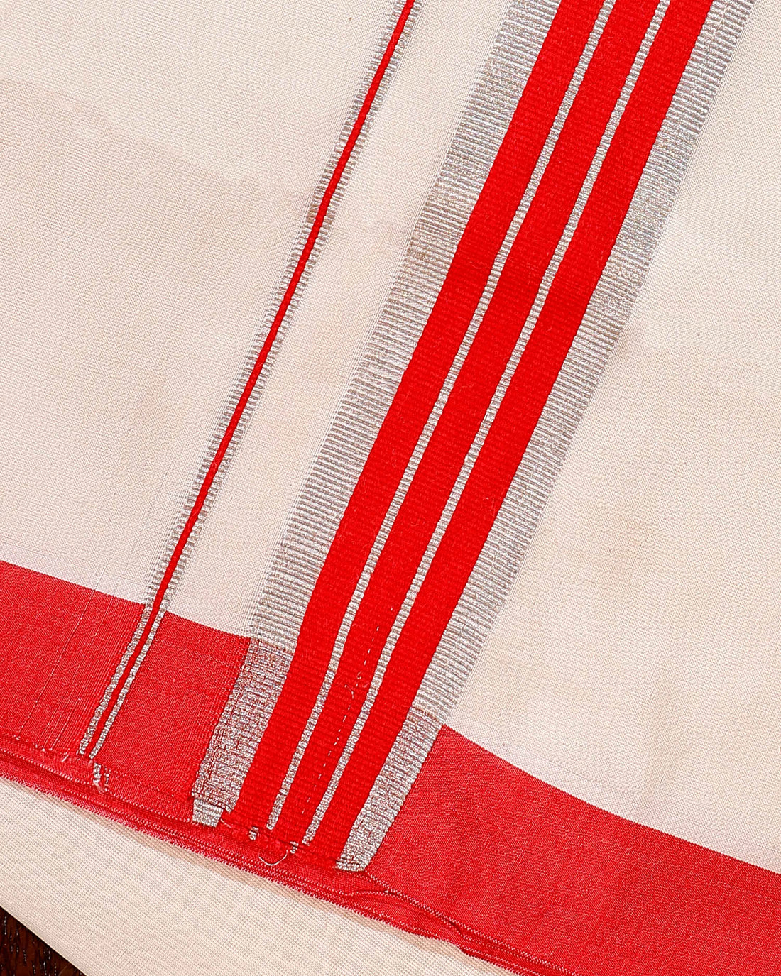 Traditional Handwoven Cotton Dhoti with Red Border and Elegant Finish - Off White