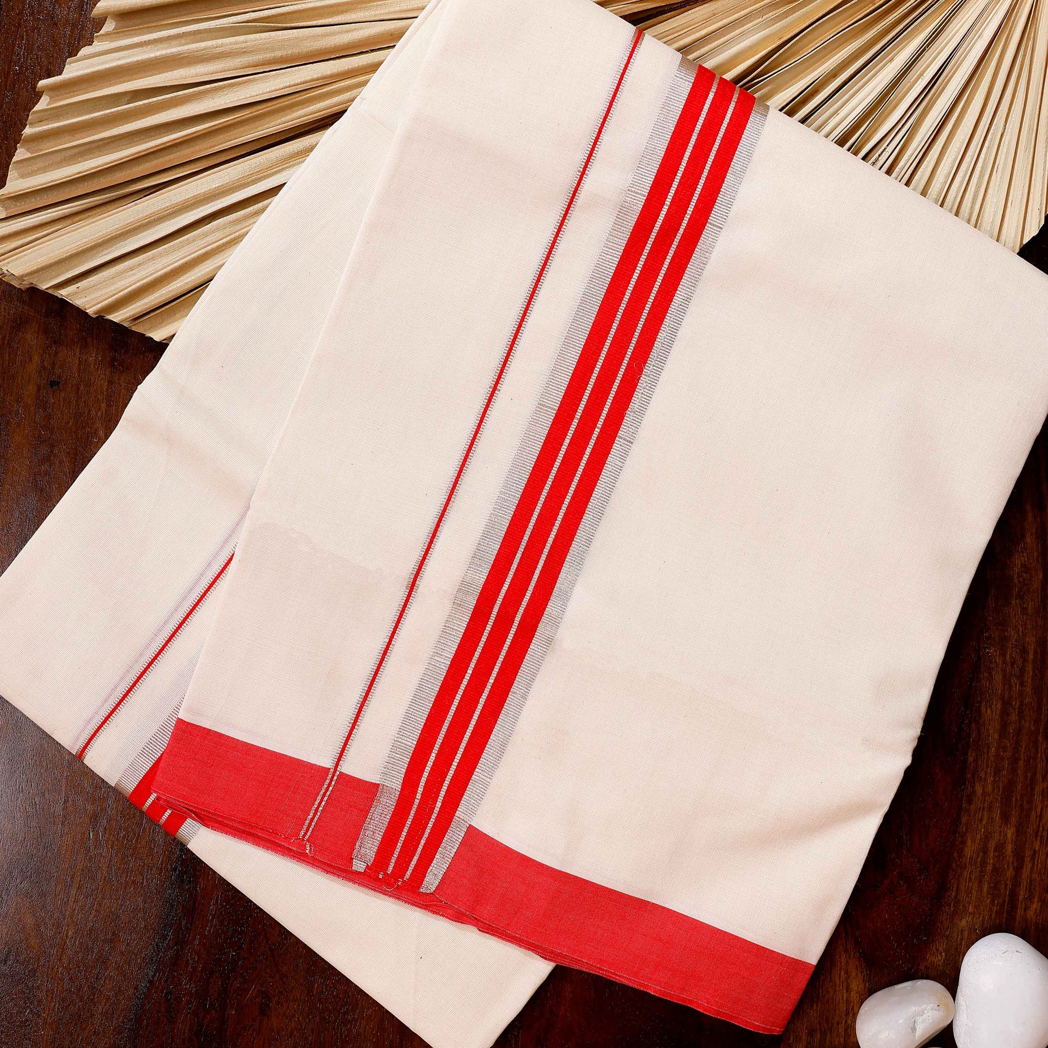 Traditional Handwoven Cotton Dhoti with Red Border and Elegant Finish - Off White