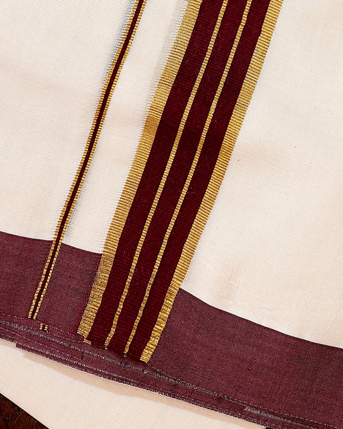 Traditional Handwoven Cotton Dhoti with Maroon Border and Elegant Finish - Off White