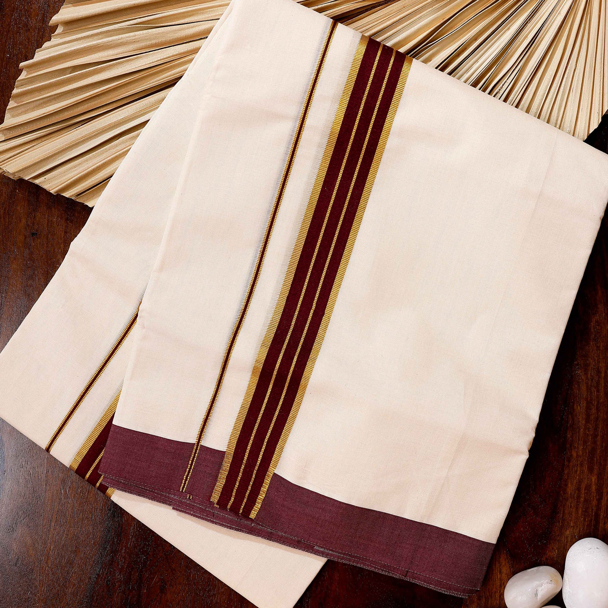 Traditional Handwoven Cotton Dhoti with Maroon Border and Elegant Finish - Off White