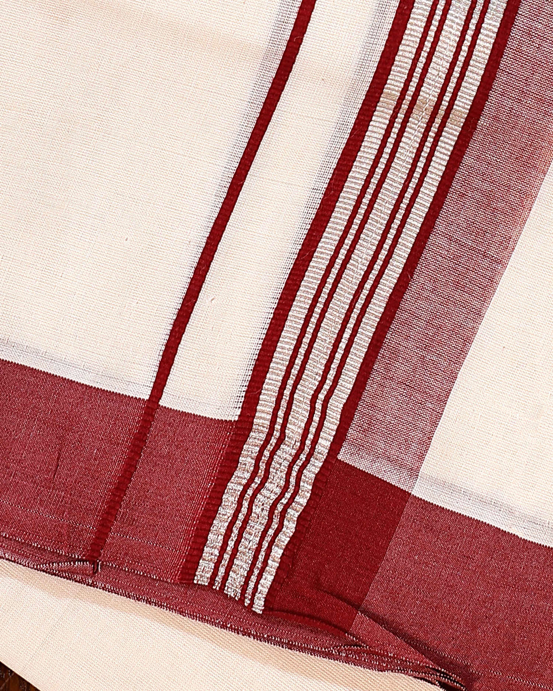 Traditional Handwoven Cotton Dhoti with Maroon Border and Elegant Finish - Off White