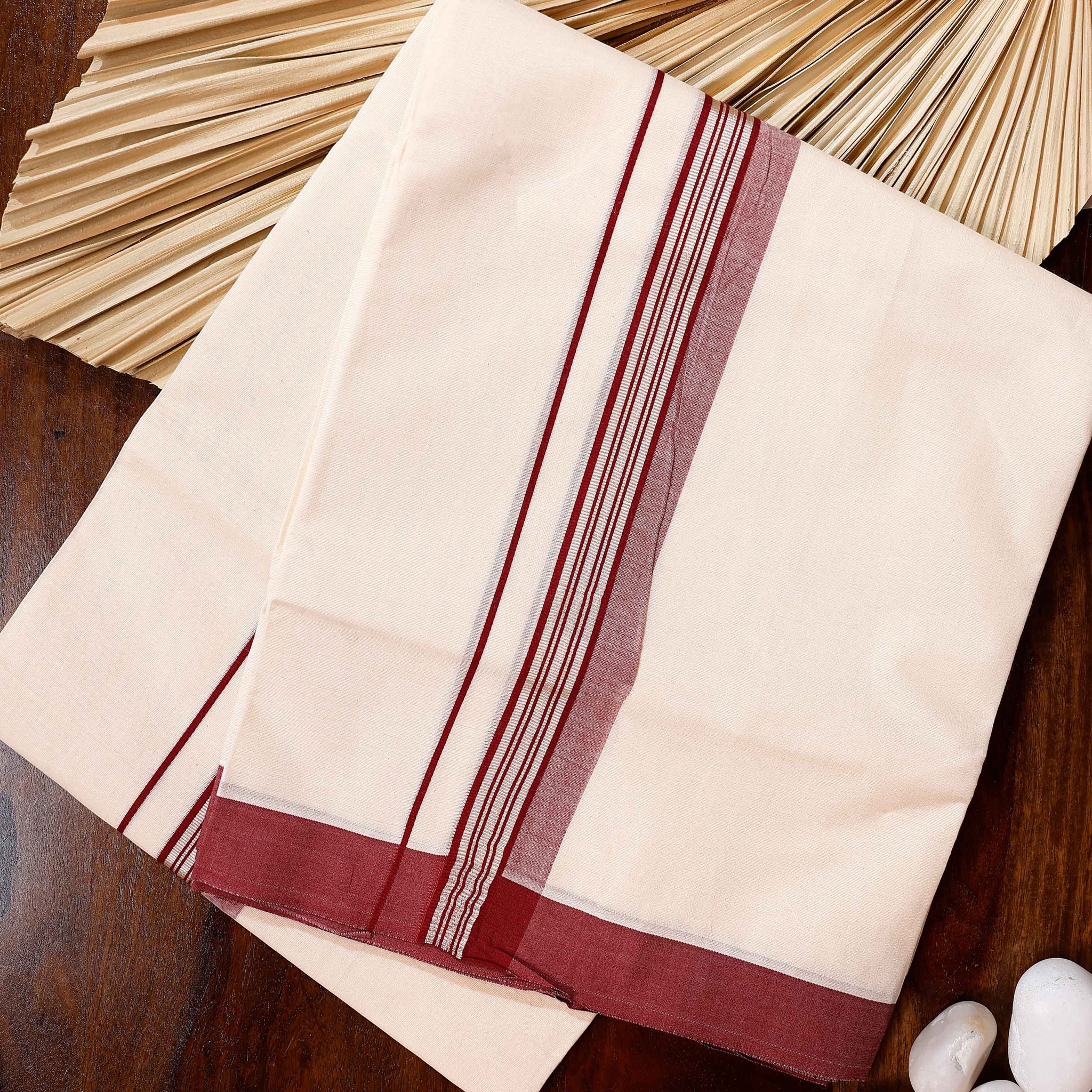 Traditional Handwoven Cotton Dhoti with Maroon Border and Elegant Finish - Off White