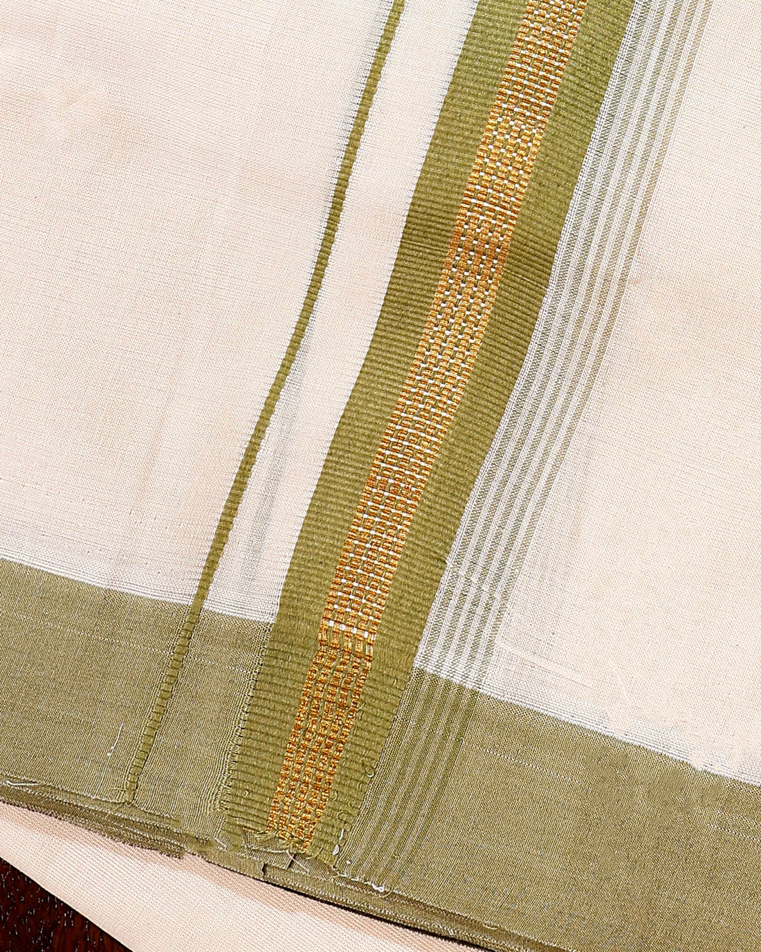 Traditional Handwoven Cotton Dhoti with Green Border and Elegant Finish - Off White