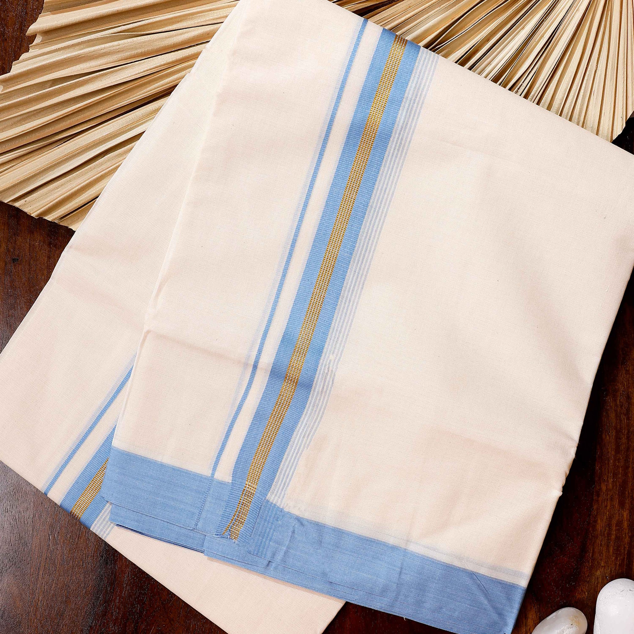 Traditional Handwoven Cotton Dhoti with Blue Border and Elegant Finish - Off White