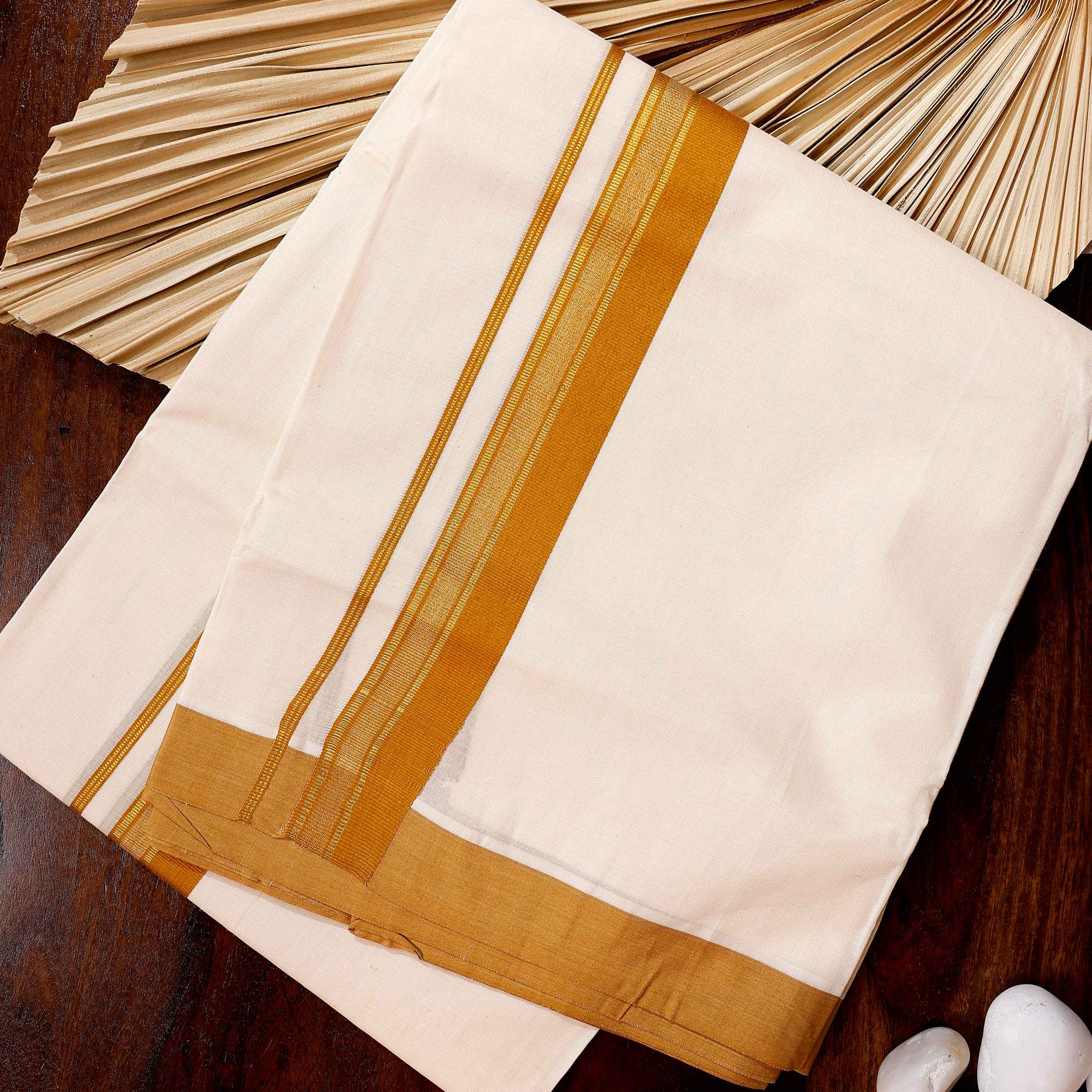 Traditional Handwoven Cotton Dhoti with Gold Border and Elegant Finish - Off White