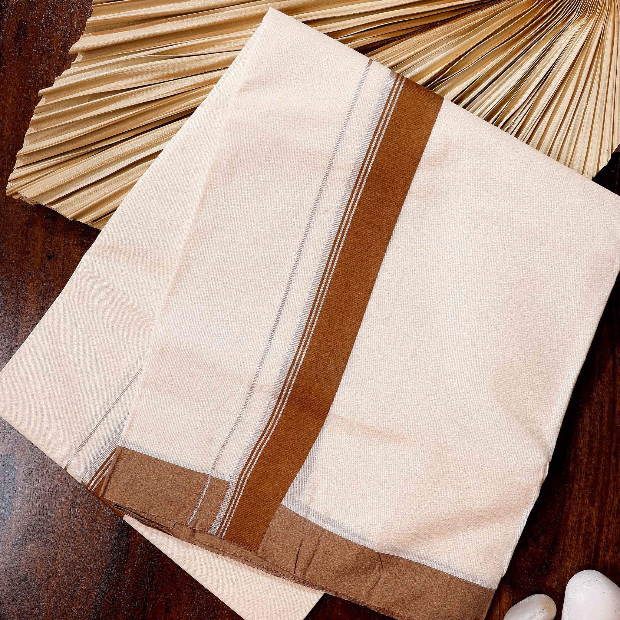 Traditional Handwoven Cotton Dhoti with Brown Border and Elegant Finish - Off White