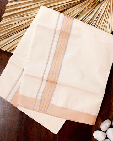 Traditional Handwoven Cotton Dhoti with Peach Border and Elegant Finish - Off White