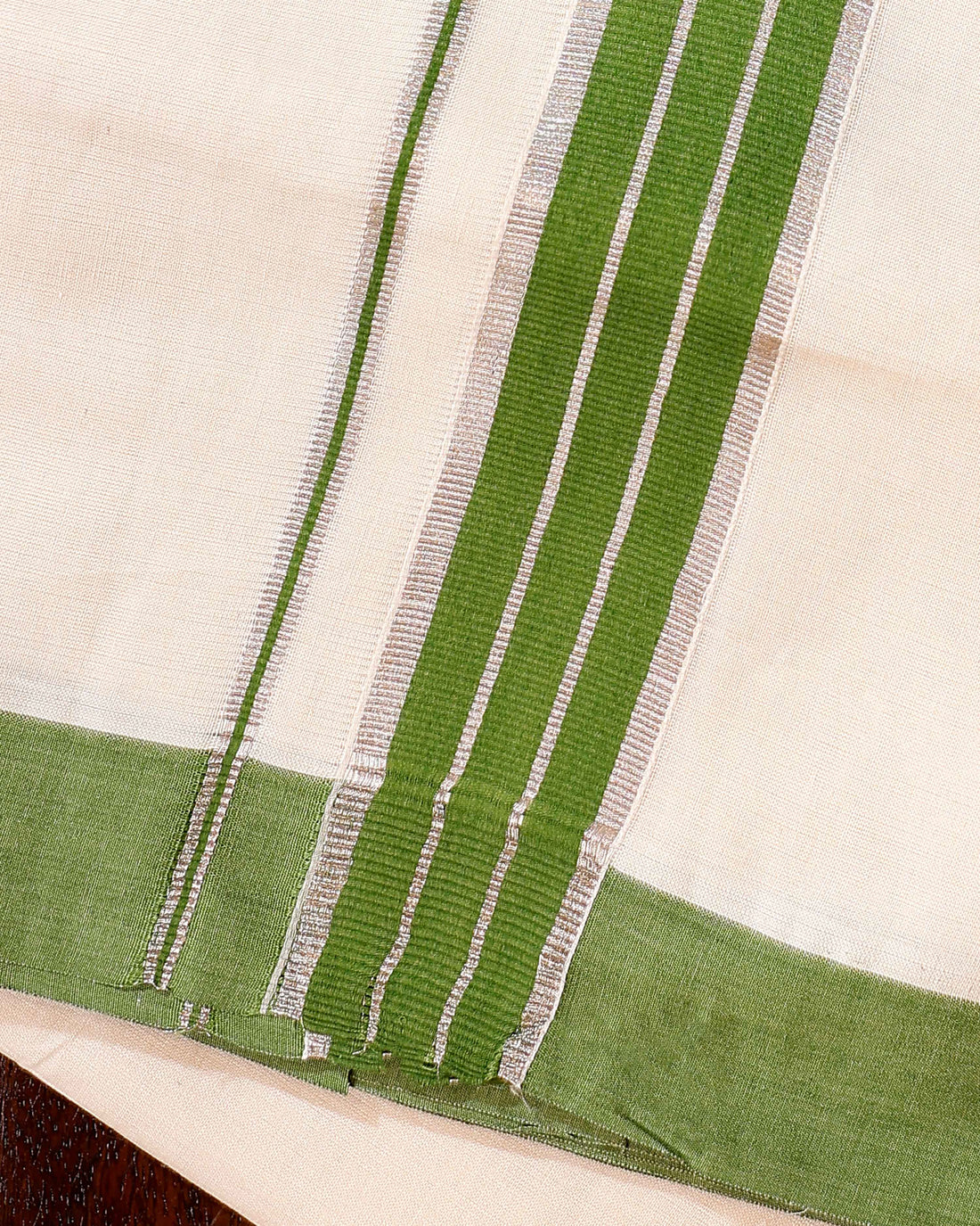Traditional Handwoven Cotton Dhoti with Green Border and Elegant Finish - Off White