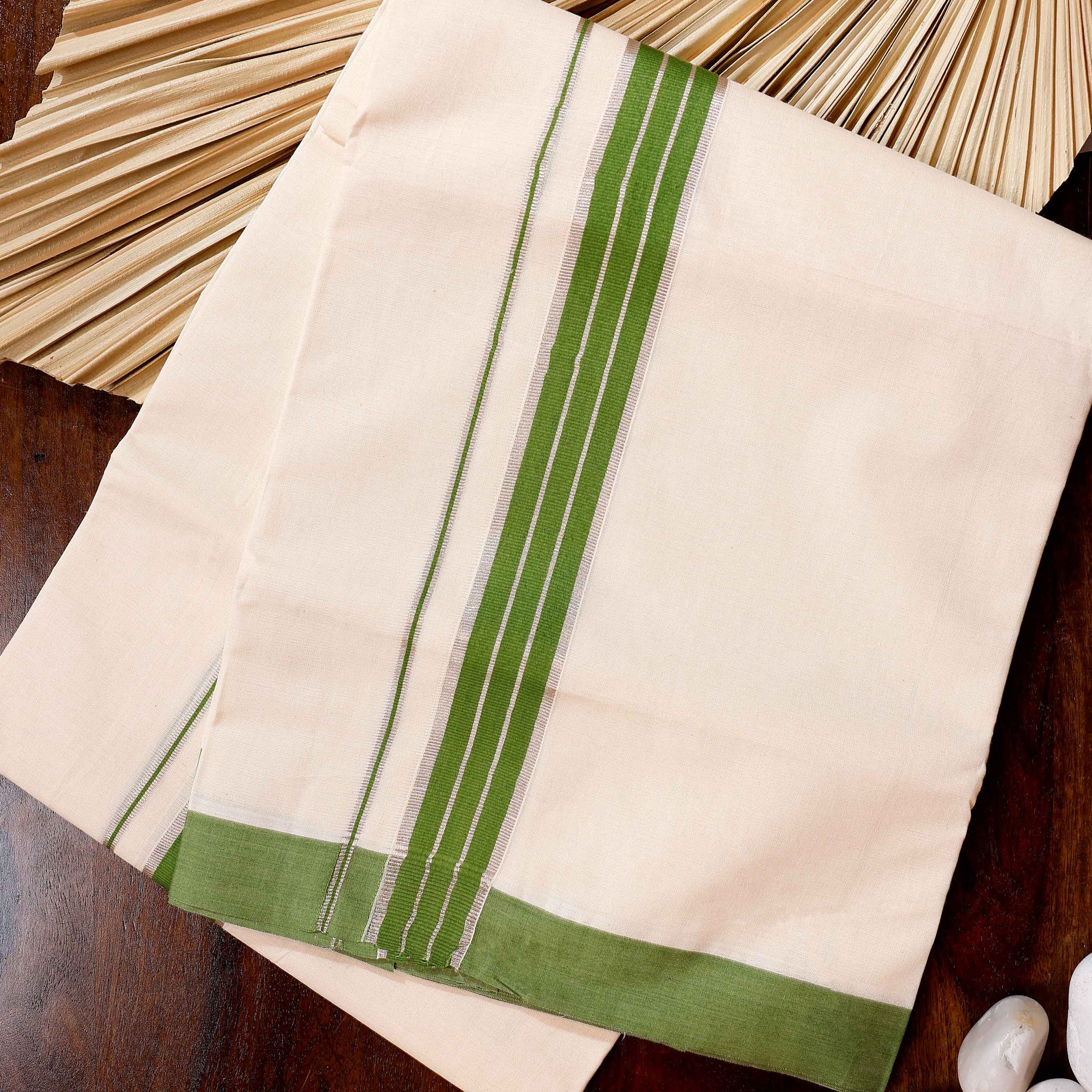 Traditional Handwoven Cotton Dhoti with Green Border and Elegant Finish - Off White