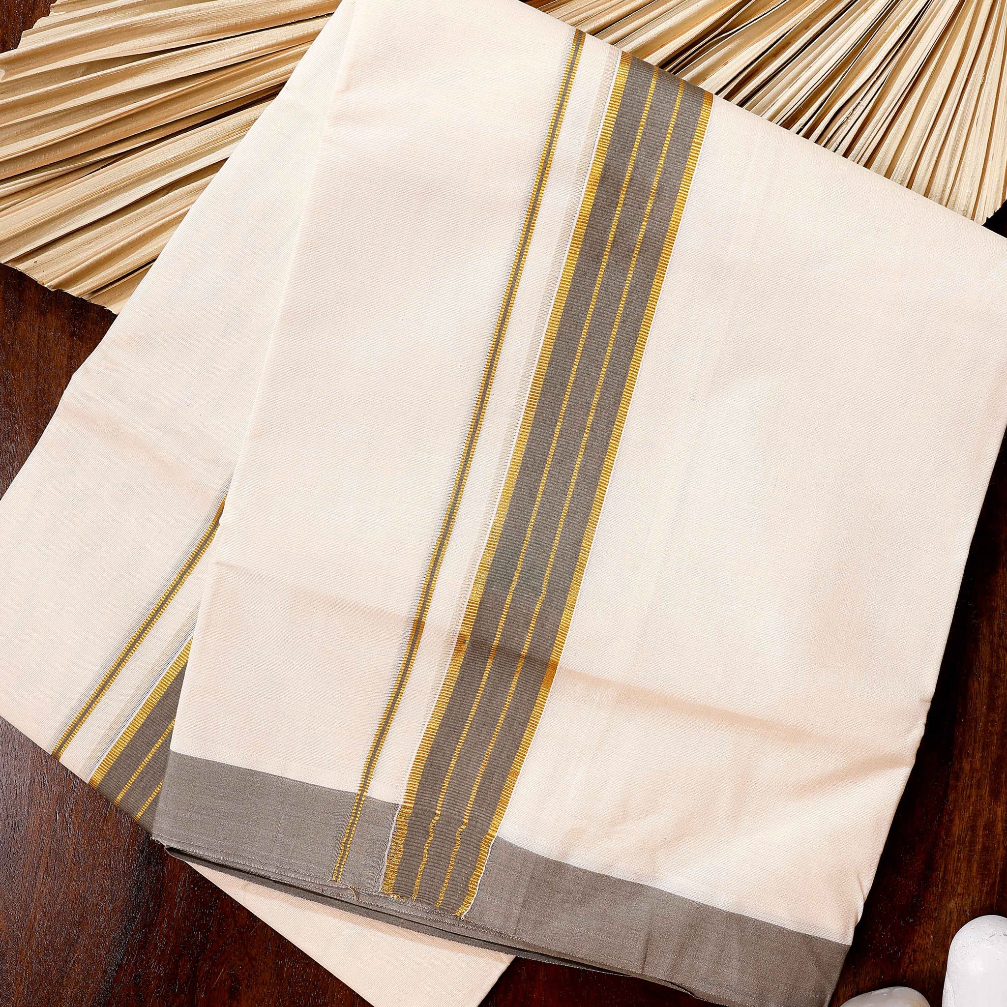 Traditional Handwoven Cotton Dhoti with Grey Border and Elegant Finish - Off White