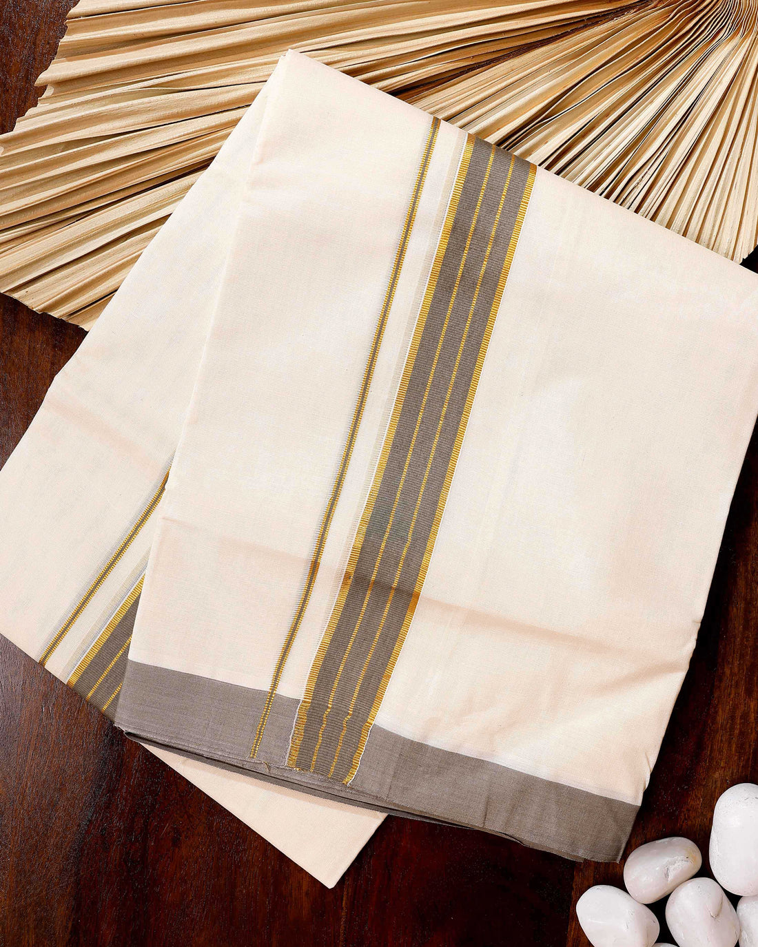 Traditional Handwoven Cotton Dhoti with Grey Border and Elegant Finish - Off White