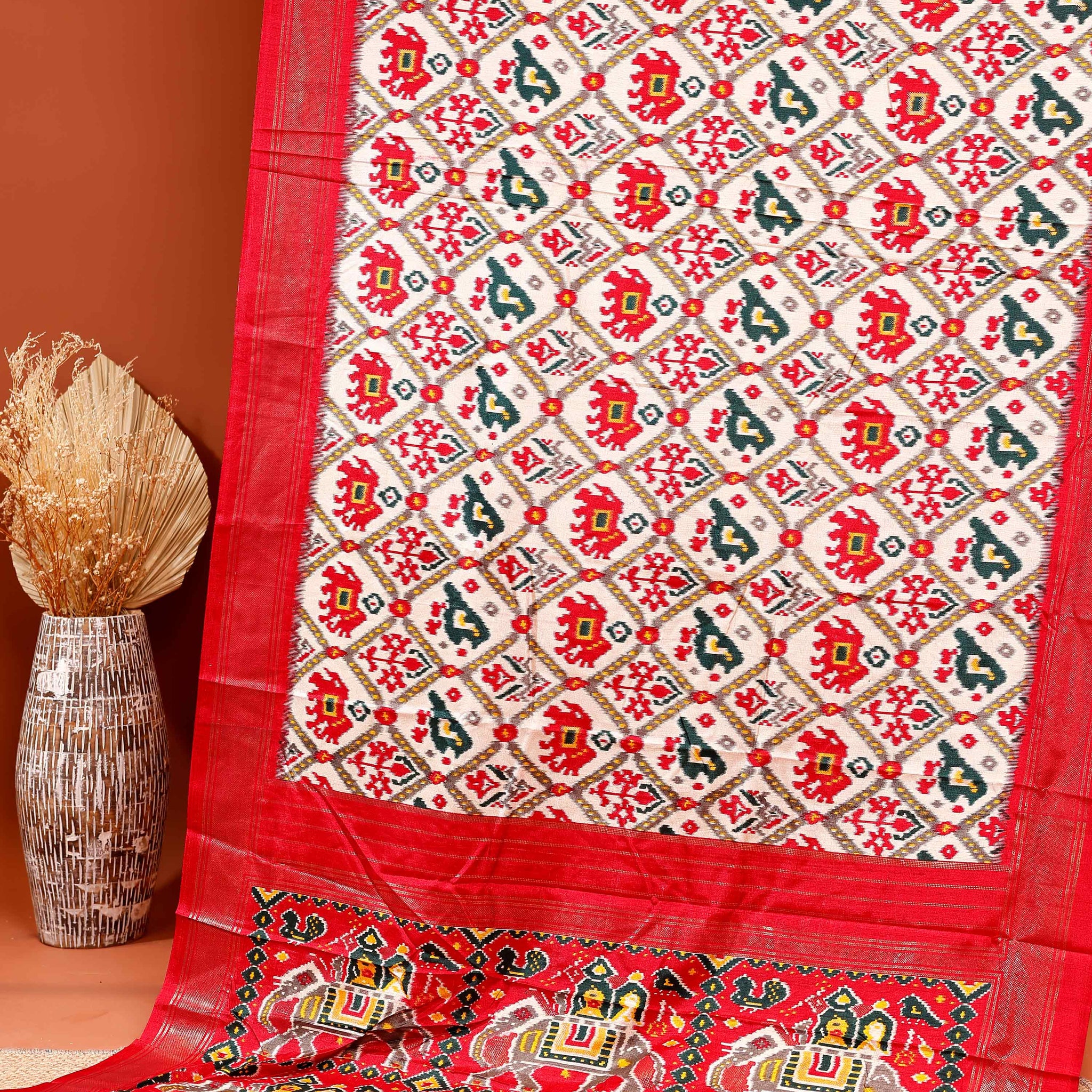 Traditional Handwoven Ikkat Saree with Geometric Patterns and Elephant Motif Pallu - Red
