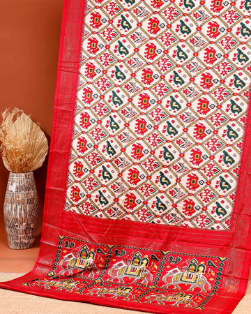 Traditional Handwoven Ikkat Saree with Geometric Patterns and Elephant Motif Pallu - Red