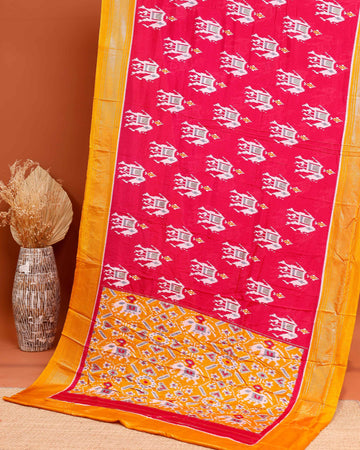 Exquisite Handwoven Ikkat Saree with Traditional Geometric Weaves and Elephant Motif Pallu - Pink