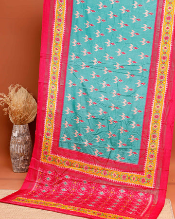 Handwoven Ikkat Saree with Bird Motifs, Geometric Border and Traditional Pallu Design - Green