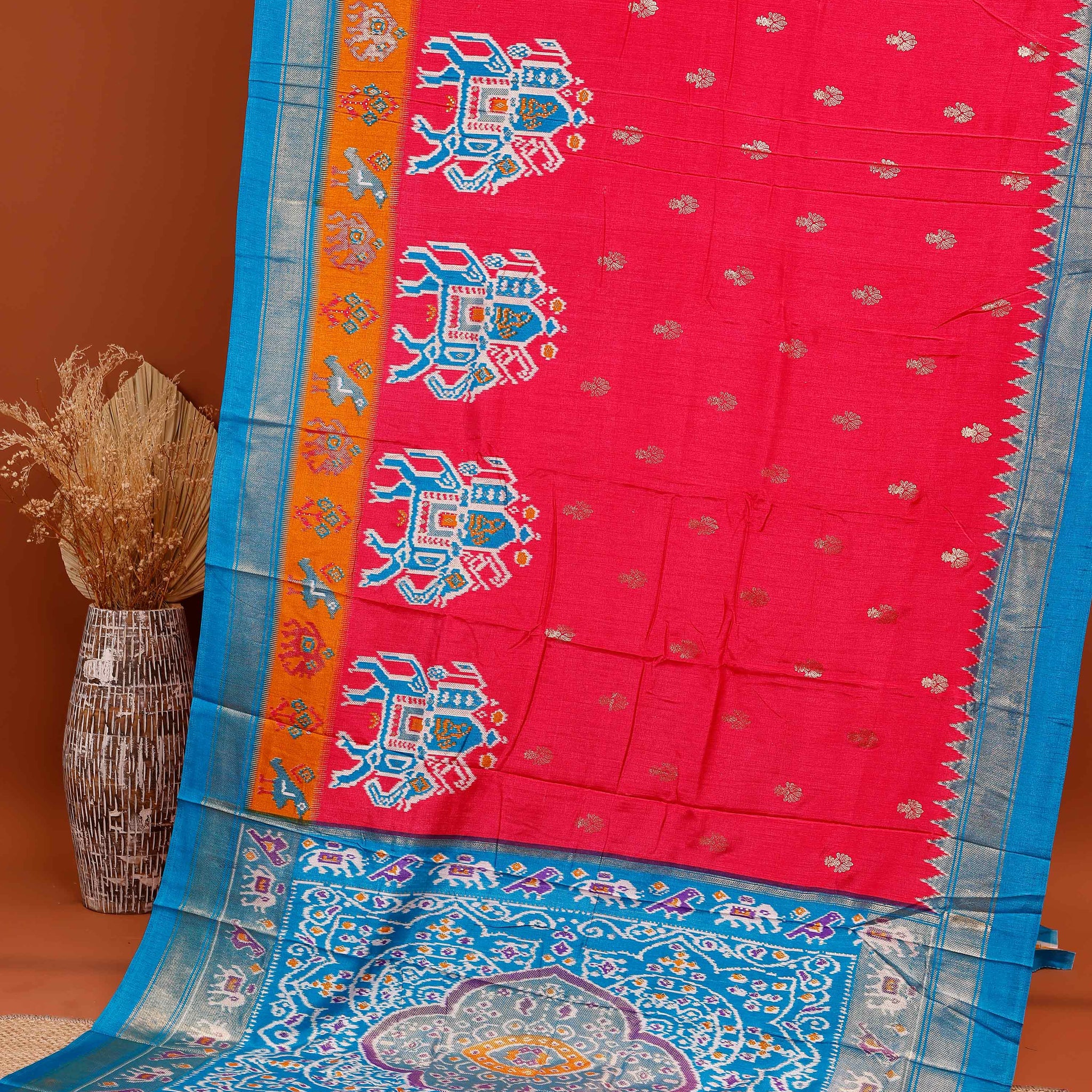 Handwoven Ikkat Silk Saree with Elephant Motifs and Zari Woven Border - Red