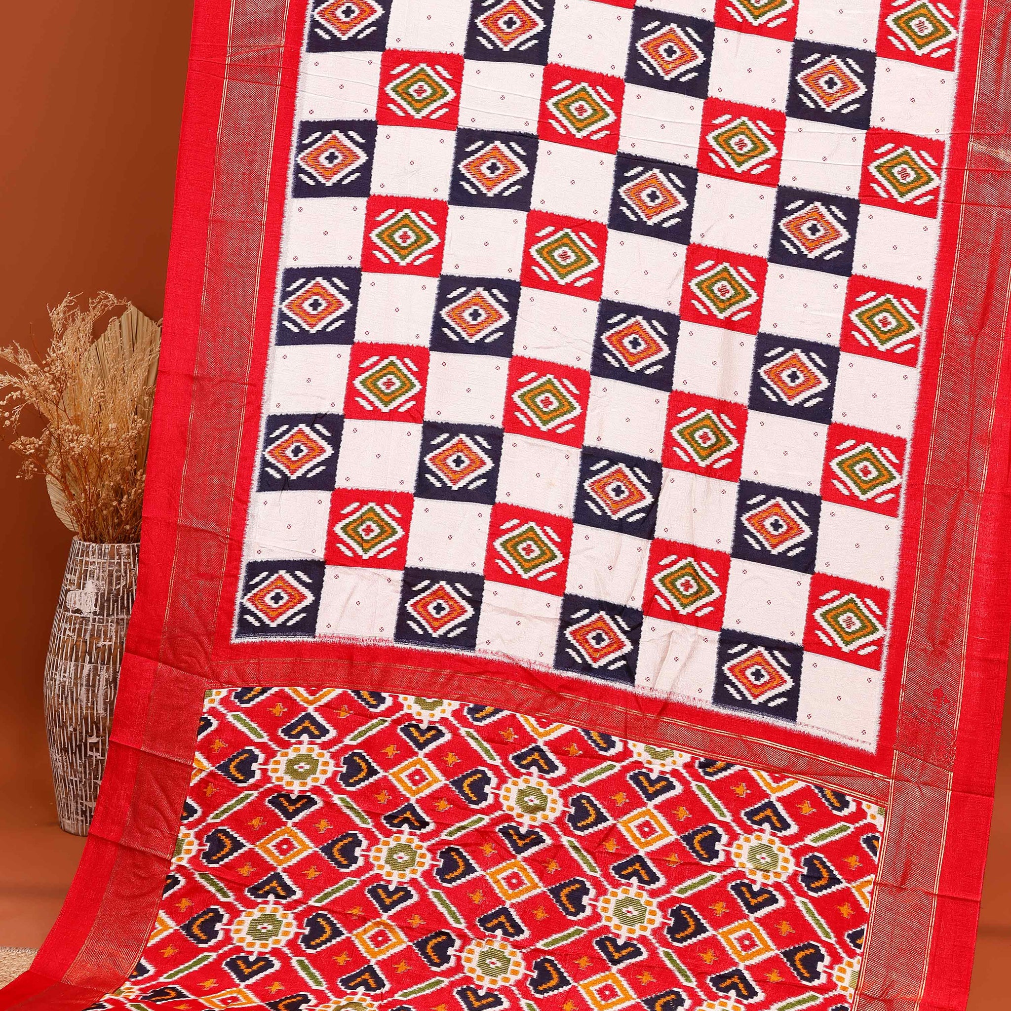 Handloom Ikkat Cotton Saree with Geometric and Floral Motifs  - Off White