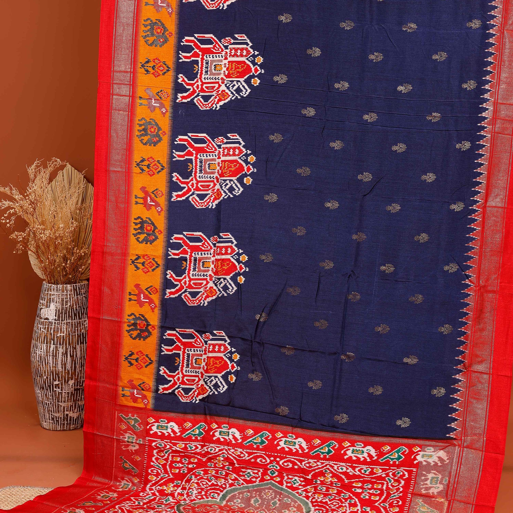 Handwoven Ikkat Saree with Elephant Motifs and Traditional Border - Navy Blue