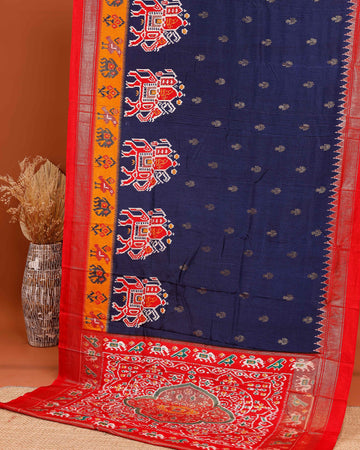 Handwoven Ikkat Saree with Elephant Motifs and Traditional Border - Navy Blue