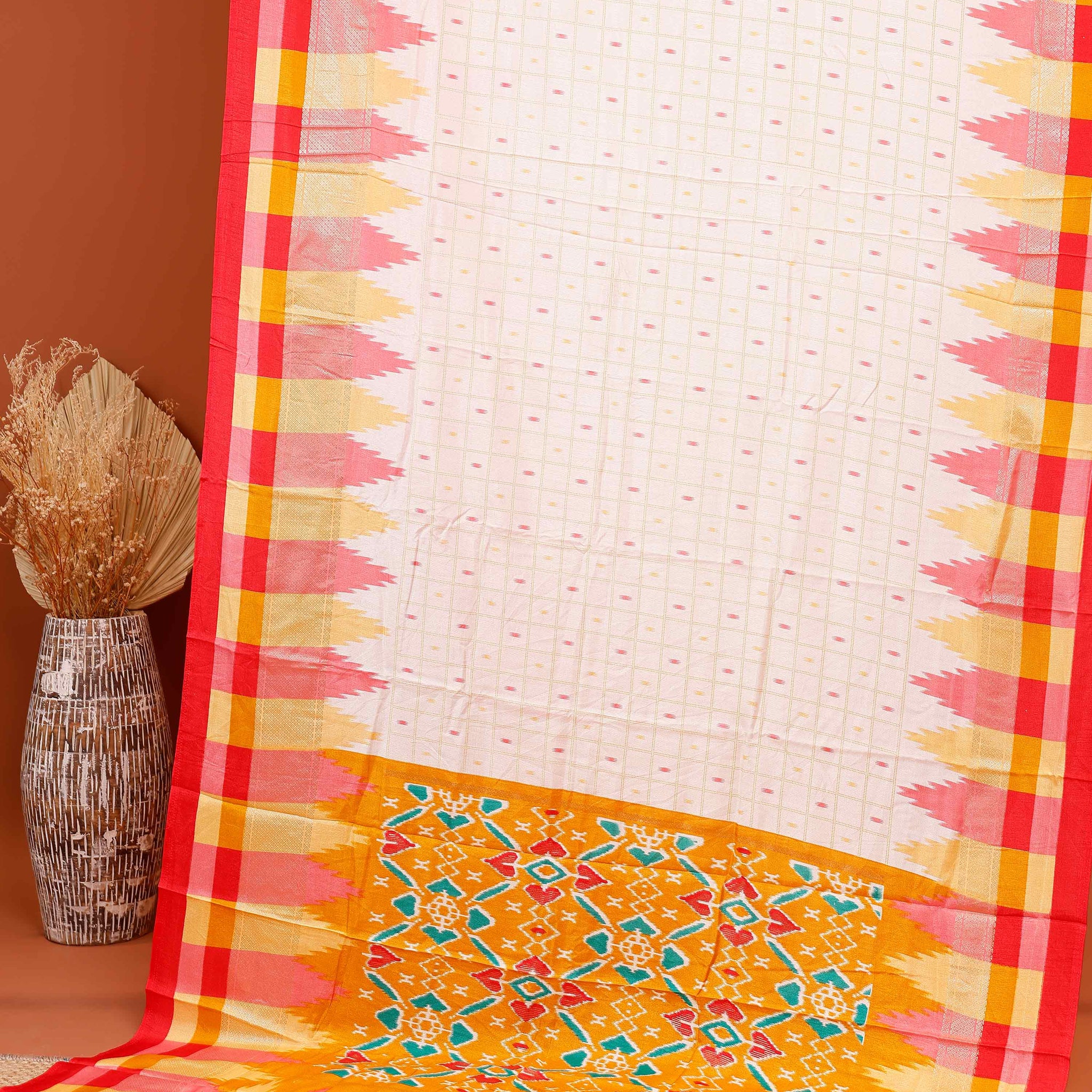 Handloom Ikkat Saree with Geometric Weave and Patterned Border - Off White