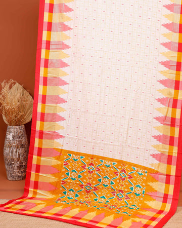 Handloom Ikkat Saree with Geometric Weave and Patterned Border - Off White