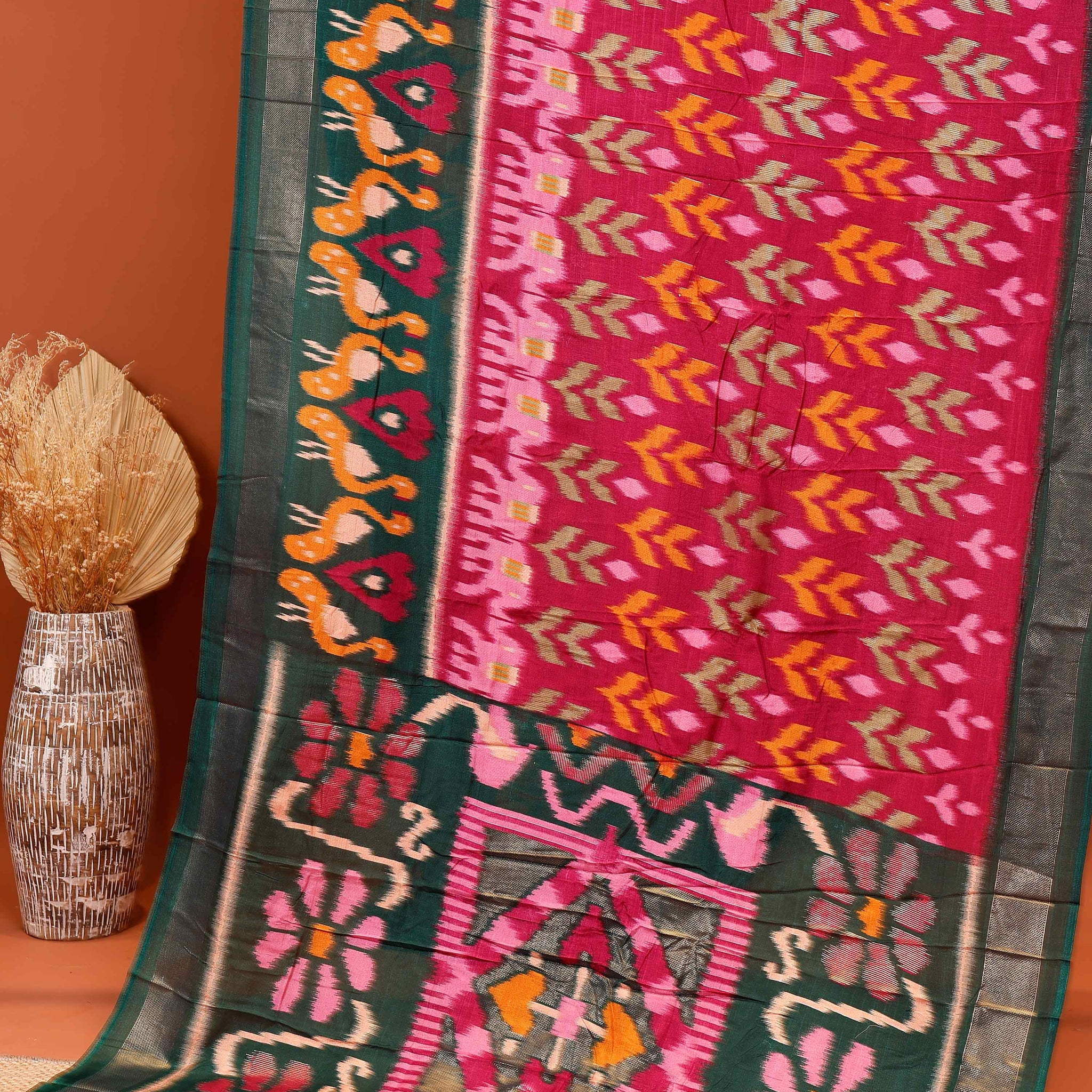 Traditional Handloom Ikkat Saree with Intricate Geometric and Floral Motifs - Pink