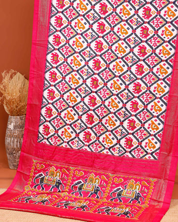 Handloom Ikkat Saree with Traditional Patola Inspired Motifs and Animal Border Design - Multi
