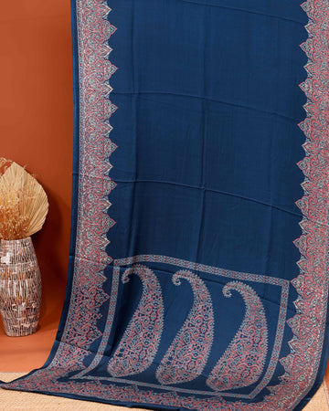 Elegant Modal Satin Saree with Intricate Zari Paisley Motifs and Border - Navy Blue