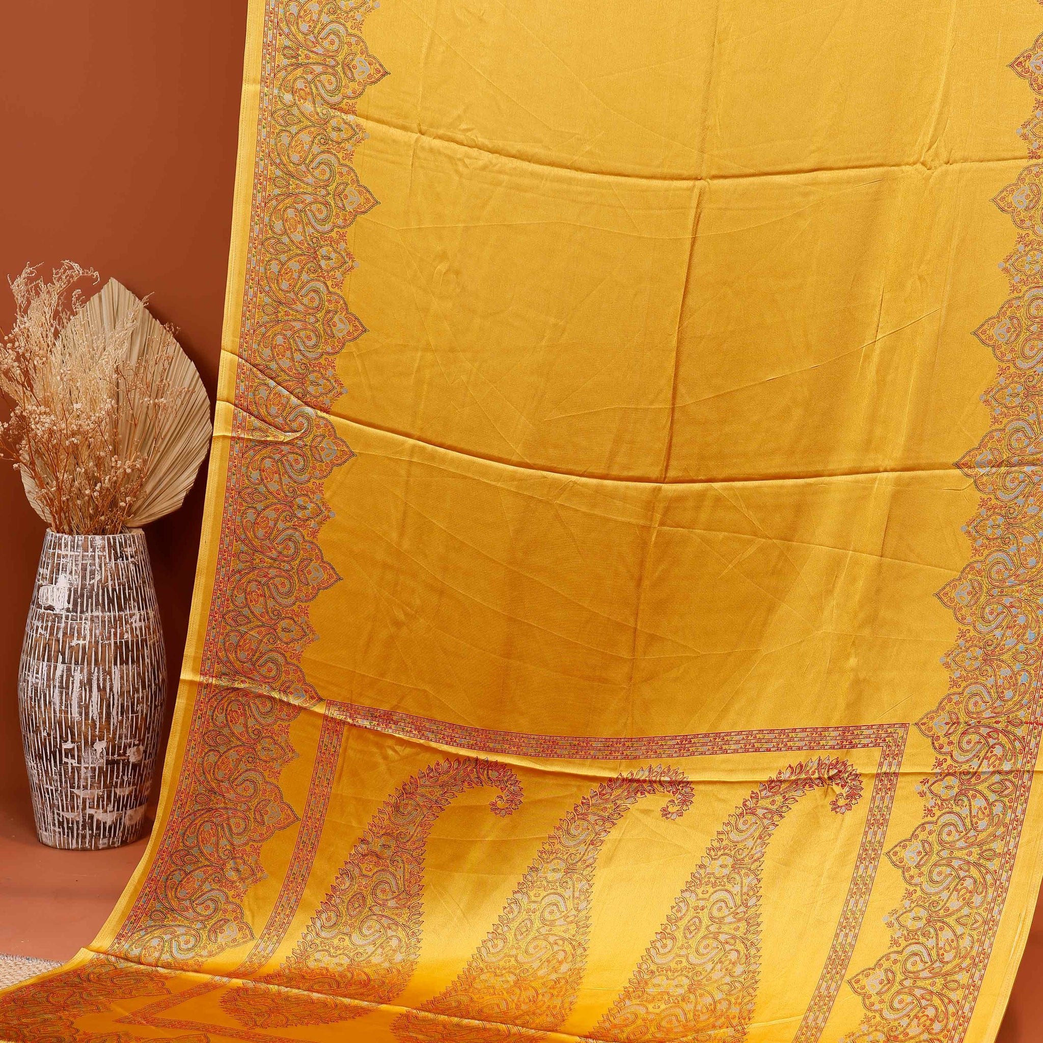 Elegant Modal Satin Saree with Intricate Zari Paisley Motifs and Border - Yellow