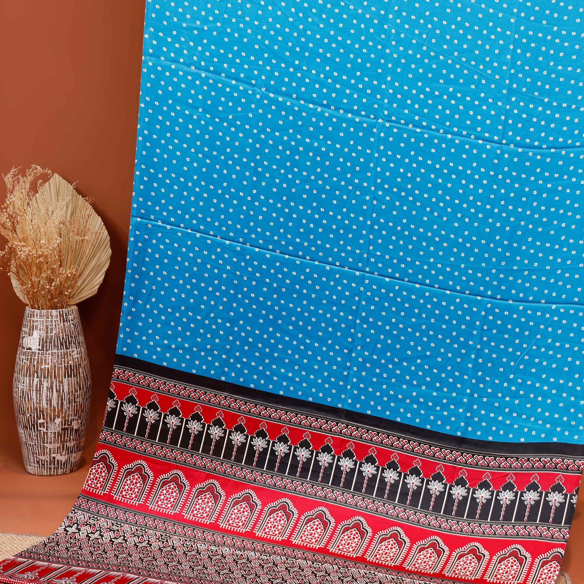 Elegant Bandhani-Inspired Modal Satin Saree with Intricate Temple Border Design - Blue