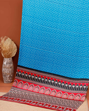 Elegant Bandhani-Inspired Modal Satin Saree with Intricate Temple Border Design - Blue