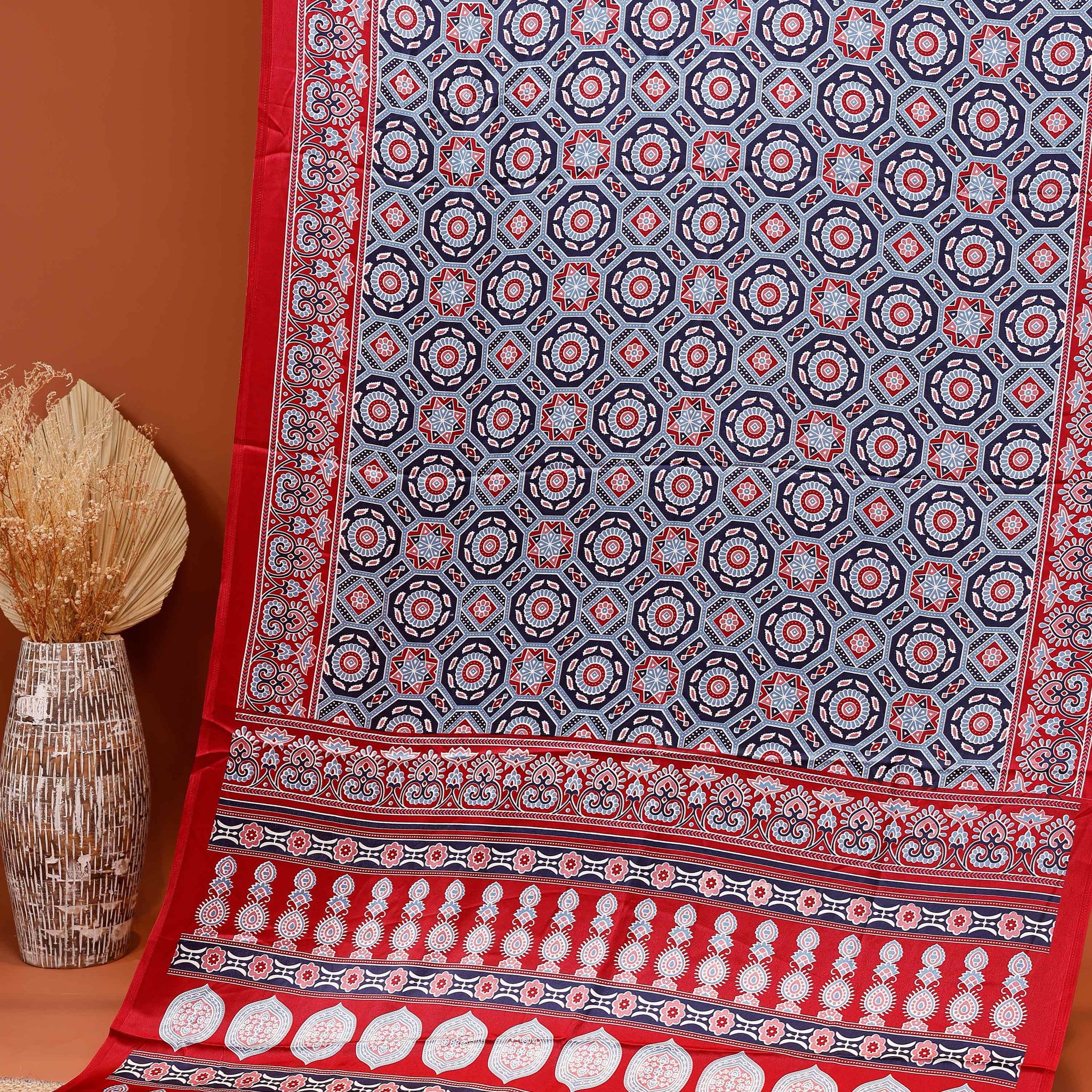 Exquisite Modal Satin Saree with Intricate Geometric and Floral Block Print Pattern and Ornate Border  - Blue