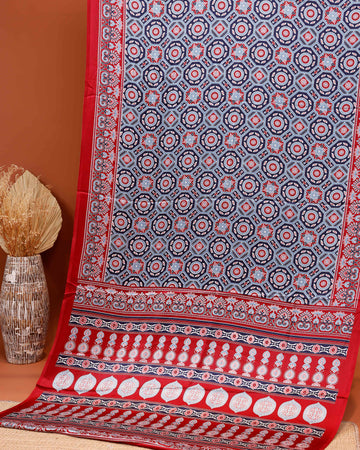 Exquisite Modal Satin Saree with Intricate Geometric and Floral Block Print Pattern and Ornate Border  - Blue