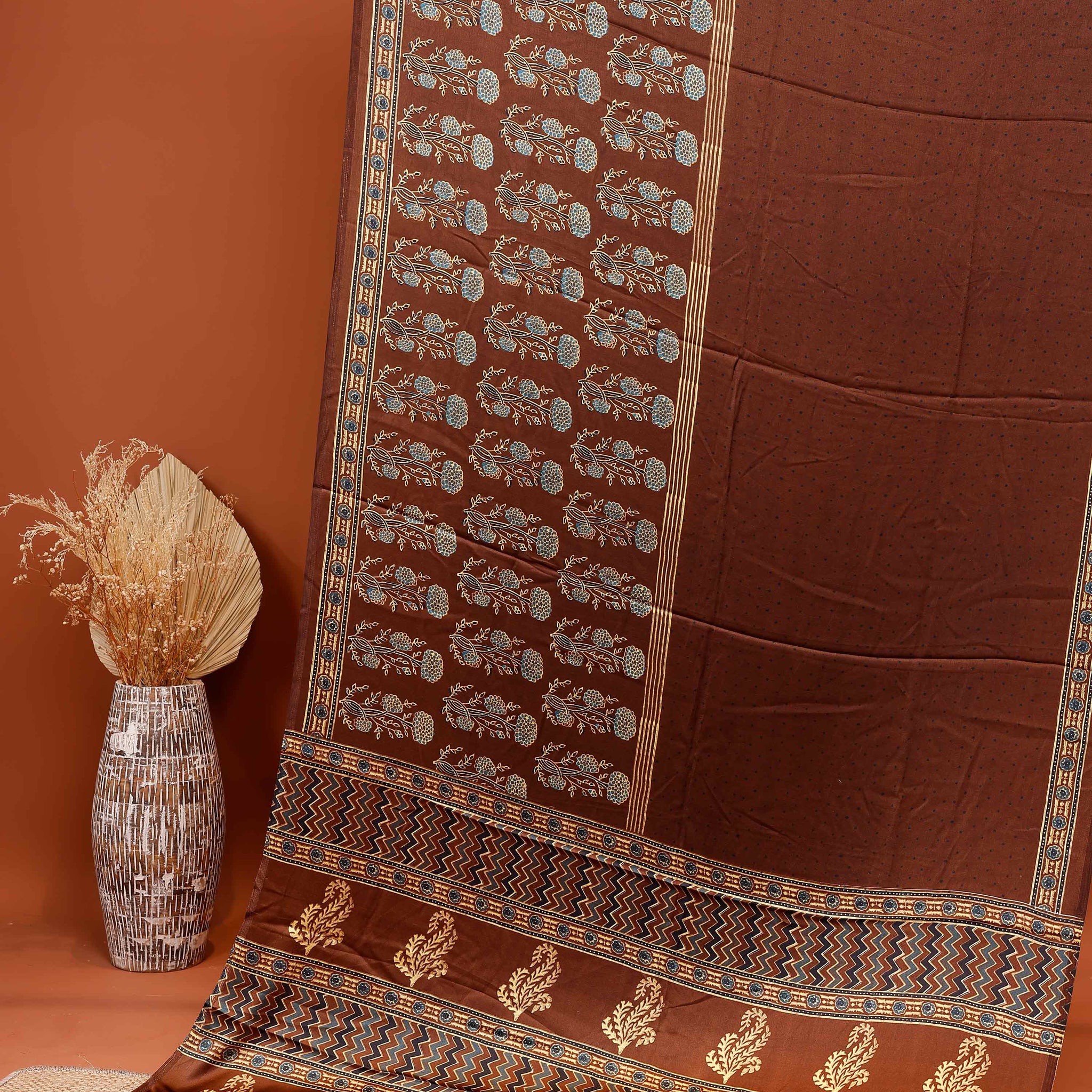 Elegant Modal Satin Saree with Intricate Floral Block Prints and Zari Border - Brown