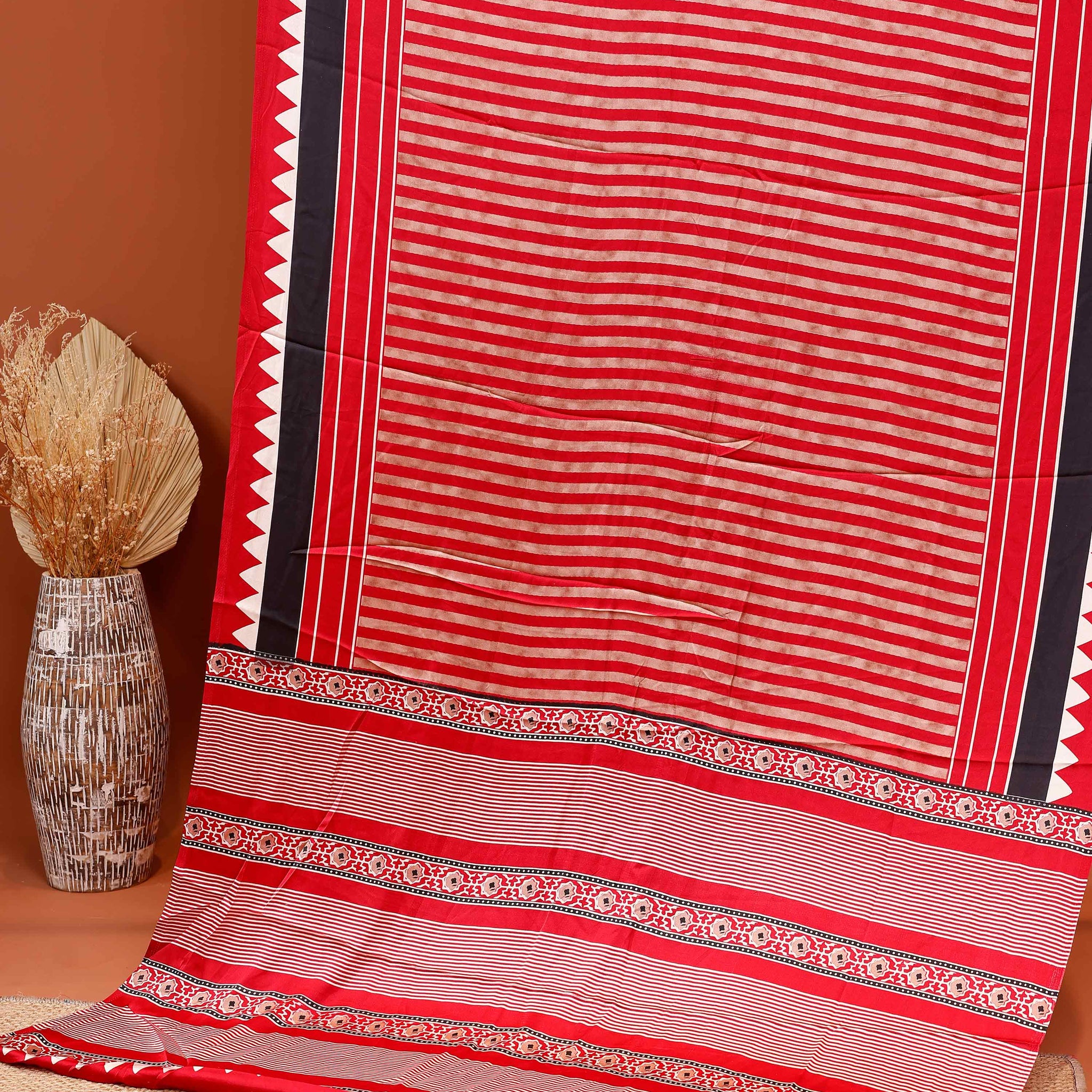 Classic Modal Satin Saree with Horizontal Striped Pattern Geometric Accents and Traditional Intricate Border Design - Red