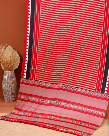Classic Modal Satin Saree with Horizontal Striped Pattern Geometric Accents and Traditional Intricate Border Design - Red