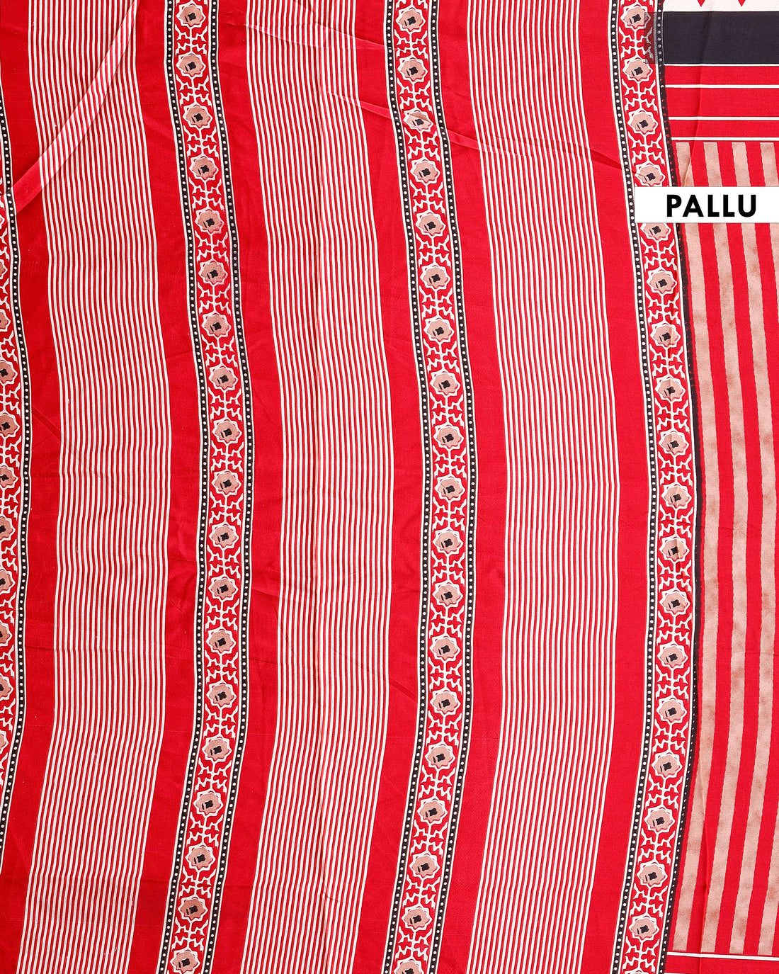 Classic Modal Satin Saree with Horizontal Striped Pattern Geometric Accents and Traditional Intricate Border Design - Red