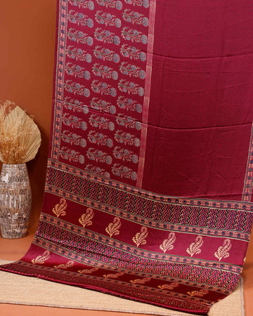 Elegant Printed Modal Satin Saree with Zari Border and Traditional Motifs  - Maroon