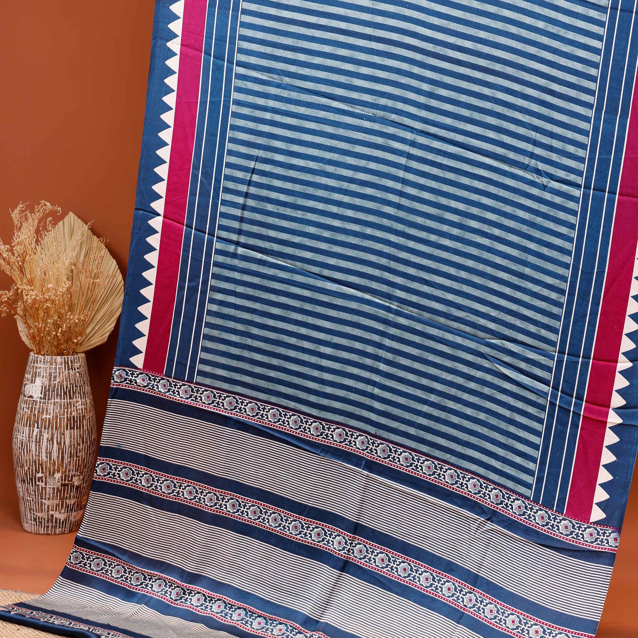 Classic Modal Satin Saree with Horizontal Striped Pattern Geometric Accents and Traditional Intricate Border Design - Blue