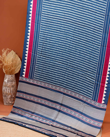Classic Modal Satin Saree with Horizontal Striped Pattern Geometric Accents and Traditional Intricate Border Design - Blue