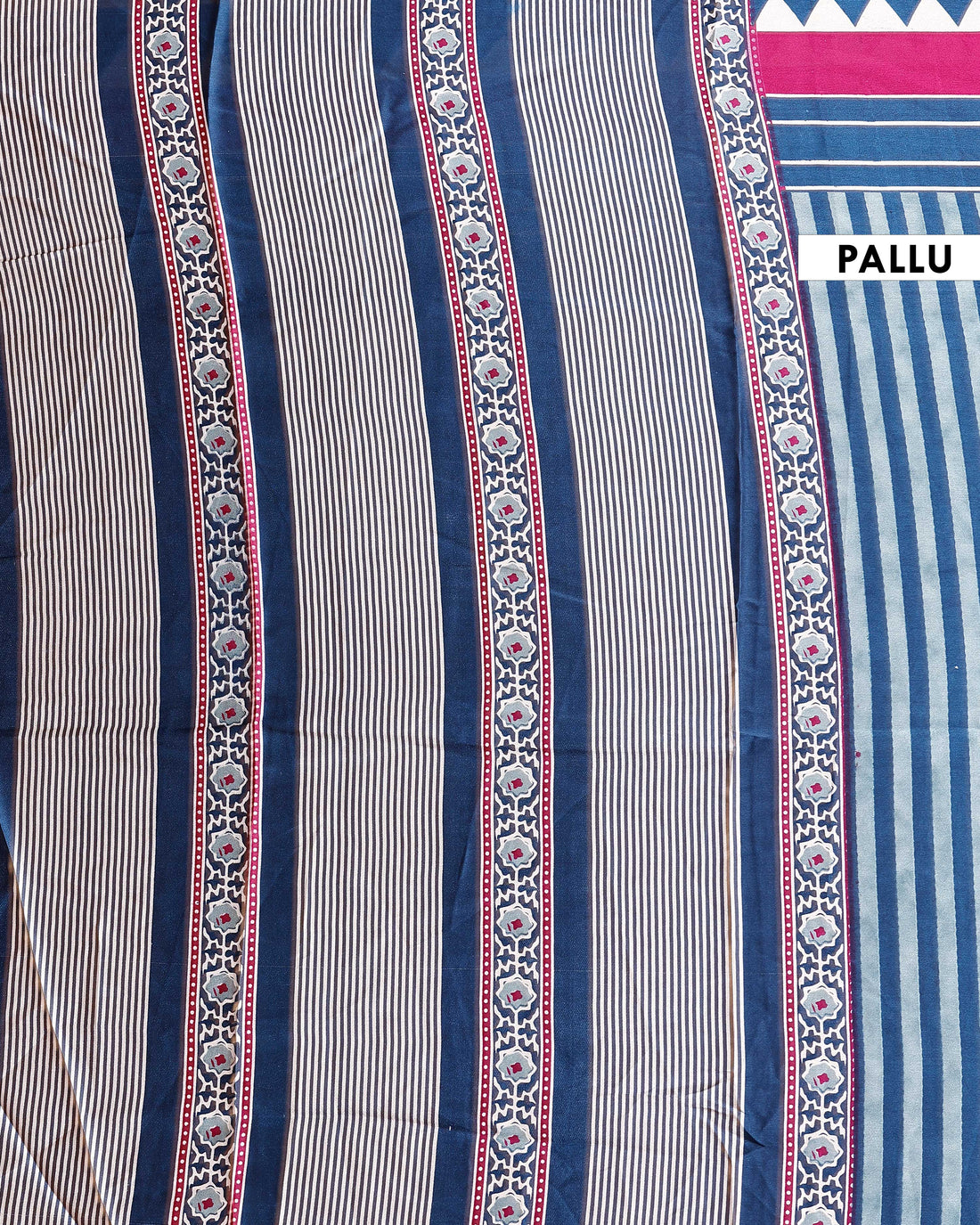 Classic Satin Saree with Horizontal Striped Pattern Geometric Accents and Traditional Intricate Border Design - Blue