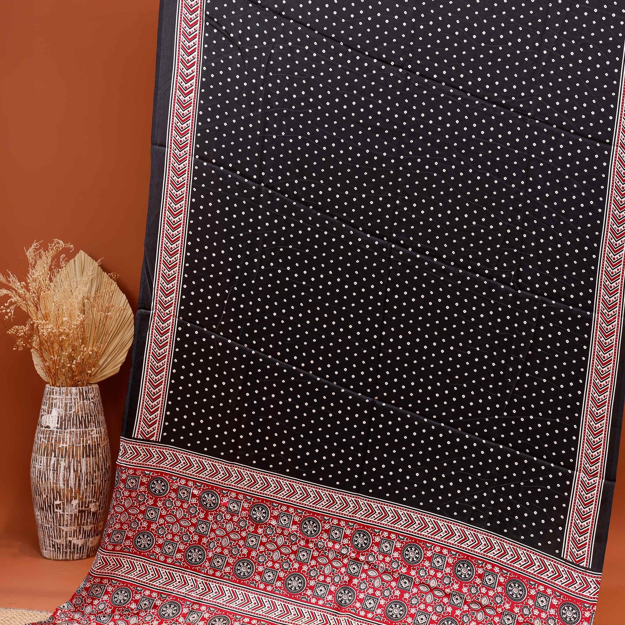 Elegant Modal Satin Saree with Intricate Border Print and Dotted Body - Black