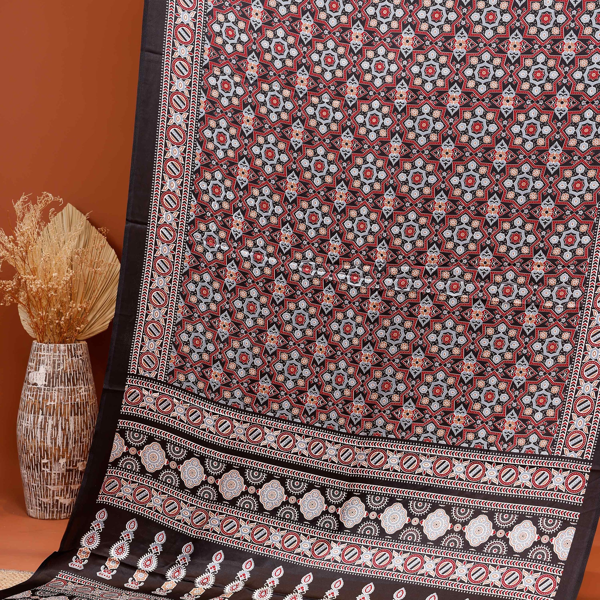 Hand Block Printed Ajrakh Modal Satin Saree with Geometric and Traditional Motifs - Brown