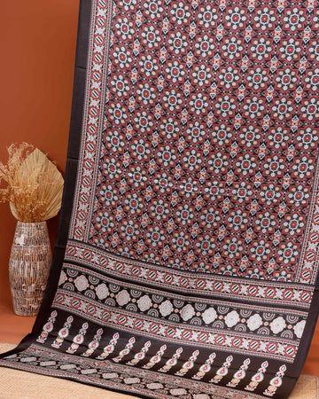 Hand Block Printed Ajrakh Modal Satin Saree with Geometric and Traditional Motifs - Brown