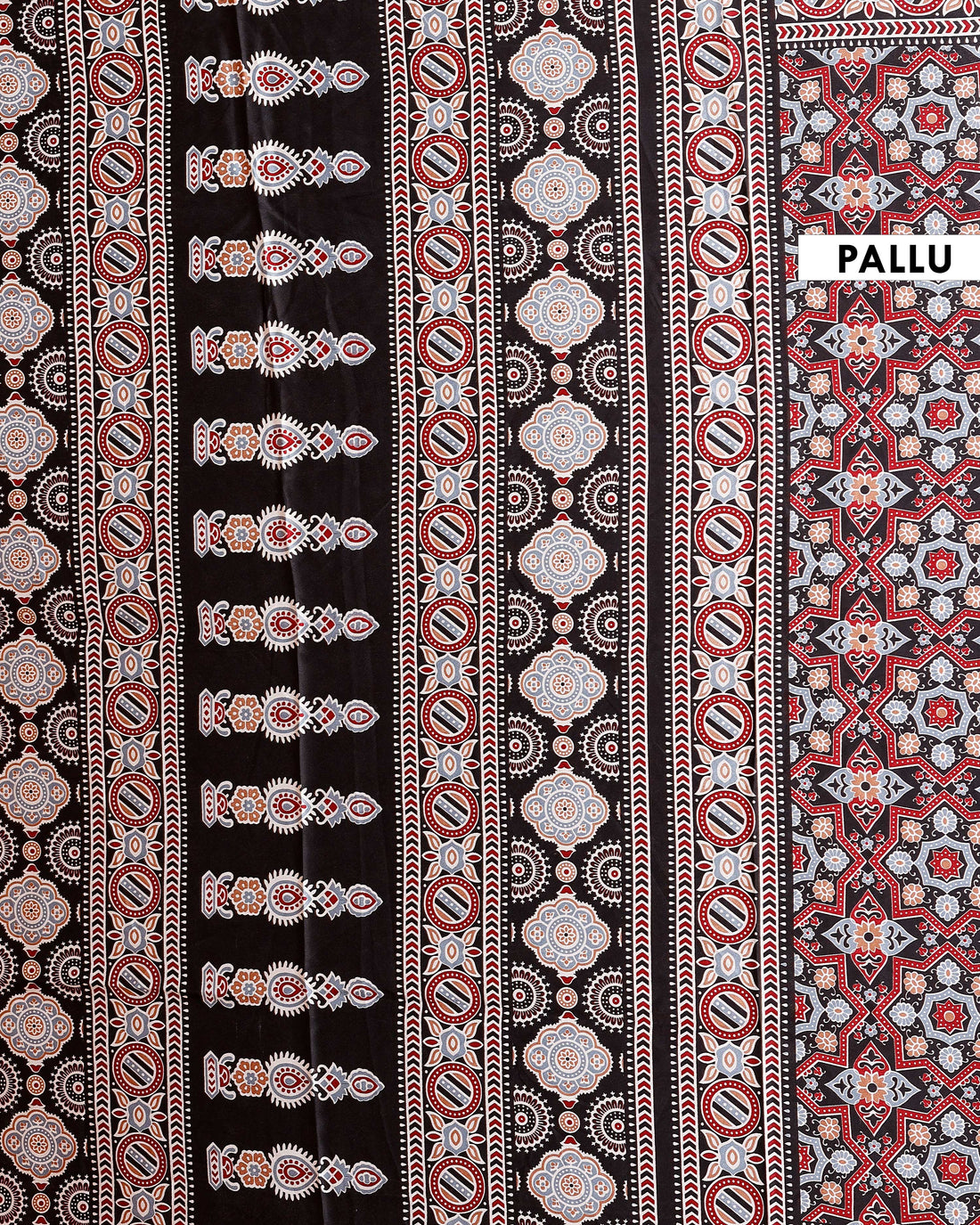 Hand Block Printed Ajrakh Modal Satin Saree with Geometric and Traditional Motifs - Brown